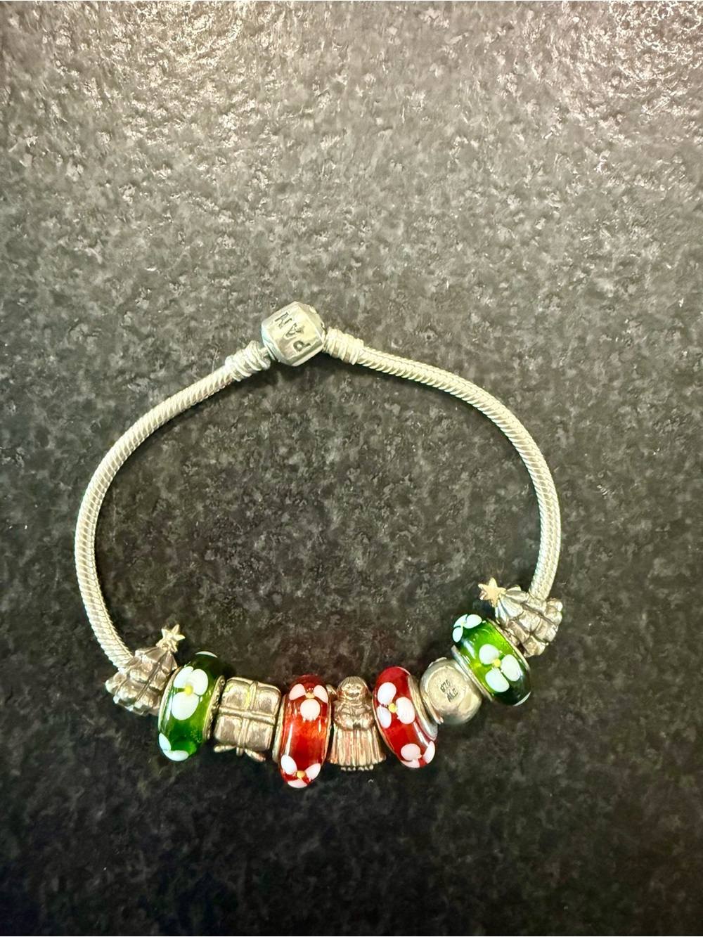 Pandora Silver Bracelet with Red and Green Flower Glass Beads